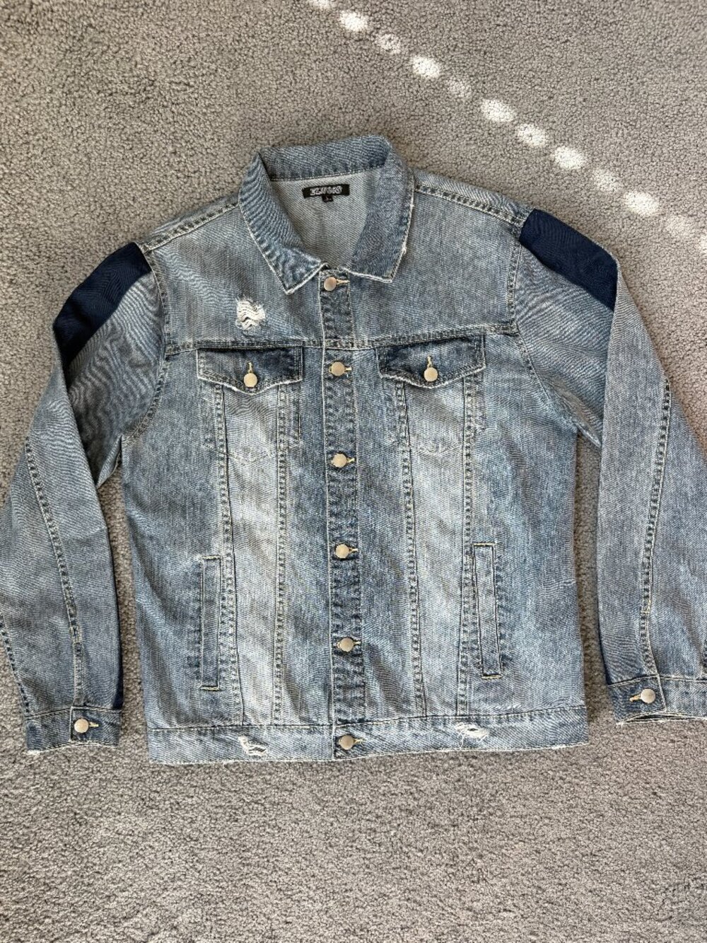 Elwood Distressed Two-Tone Denim Trucker Jacket Mens L Navy Side Stripe Blue